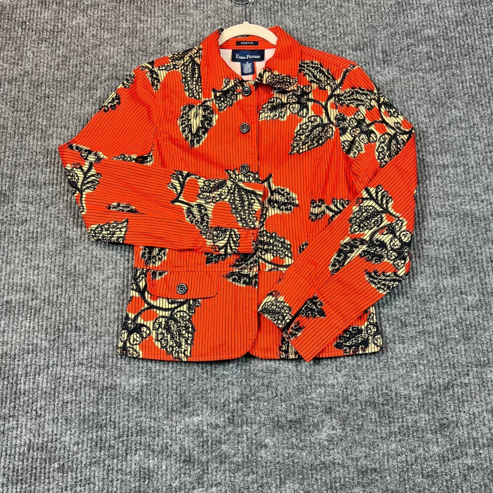 Evan-Picone Blazer Cotton Stretch Orange Botanical Pinstripe Art to Wear 6